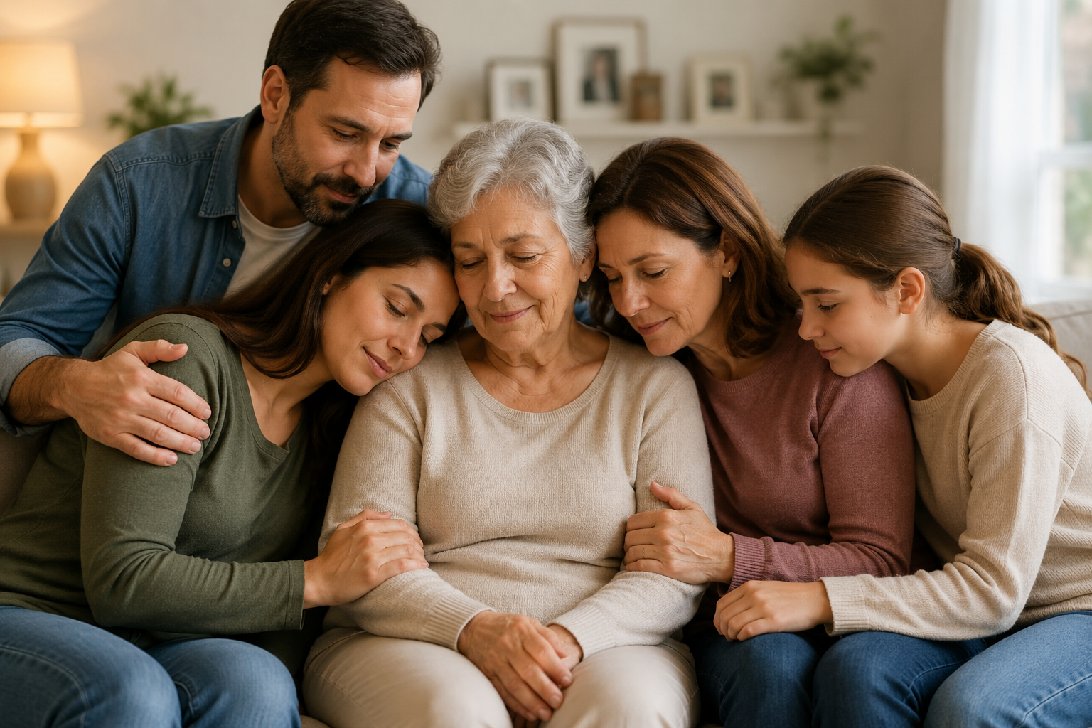 A family gathered closely around an older loved one, offering comfort and support.